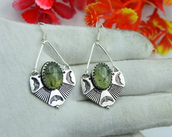 Natural Green Prehnite Gemstone 925 Sterling Silver Earrings, Handmade Boho Style