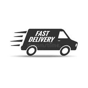 May include: A black silhouette of a delivery van with the words "FAST DELIVERY" in white. The van has a streamlined design with motion lines emanating from the side, suggesting speed and efficiency. The image is set against a white background.