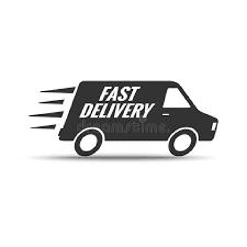 May include: A black silhouette of a delivery van with the words "FAST DELIVERY" in white. The van has a streamlined design with motion lines emanating from the side, suggesting speed and efficiency. The image is set against a white background.