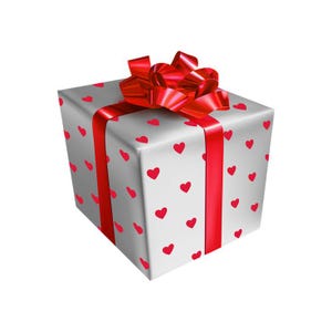 May include: A wrapped gift box with a red bow and ribbon. The box is white with a pattern of red hearts. The ribbon and bow are a bright red color. The gift box is a square shape.