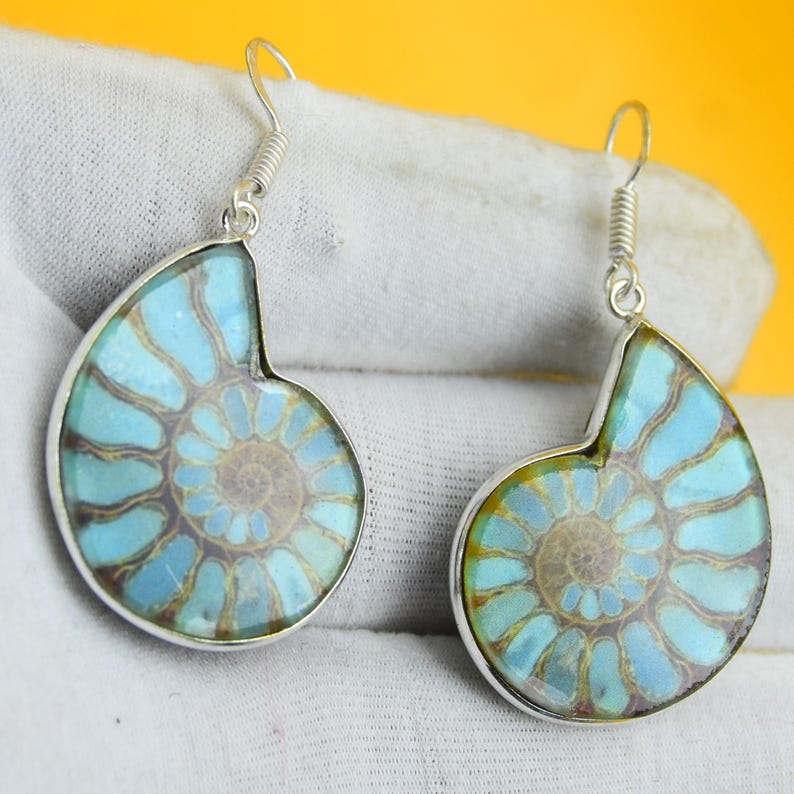 May include: A pair of silver-toned earrings featuring a fossilized ammonite design. The earrings have a spiral pattern in shades of blue, brown, and tan, set within a silver frame. The earrings hang from a silver hook.