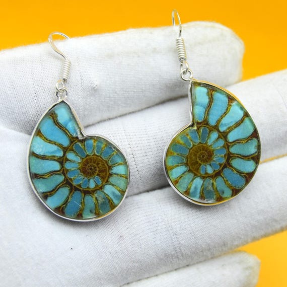 Blue Fossil Ammonite Gemstone 925 Sterling Silver Earrings, Handmade Boho Style