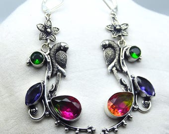 Multi Gemstone Dangle Earring Handmade 925 Sterling Silver Jewelry