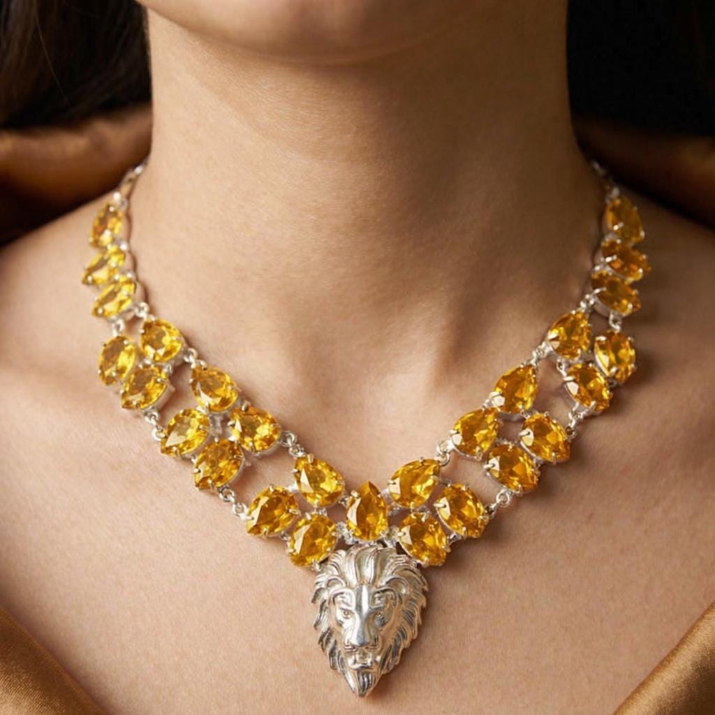 Handmade Citrine Lion Head Necklace - 925 Sterling Silver Statement Jewelry