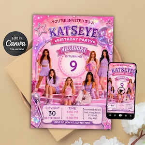 May include: A pink and purple birthday party invitation template featuring the text KATSEYE BIRTHDAY PARTY, ALEXENDRA IS TURNING 9, and event details. The design includes images of five people, a disco ball, a microphone, and stars on a stage.