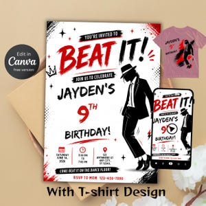 Könnte beinhalten: Eine Geburtstagseinladungsvorlage mit der Silhouette eines Tänzers in Anzug und Hut, rotem und schwarzem Text "YOU'RE INVITED TO BEAT IT!" und "JAYDEN'S 9TH BIRTHDAY", sowie einem passenden T-Shirt-Design und einer Anzeige auf einem Mobiltelefon.