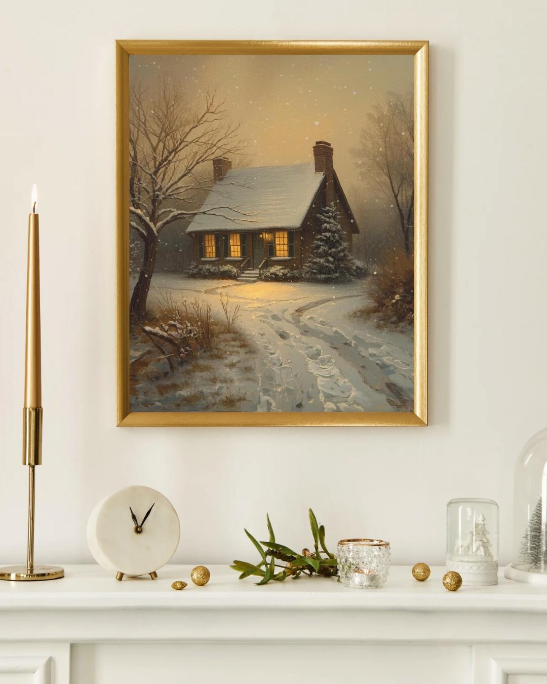 Cozy Winter Cabin Wall Art Printable, Snowy Cottage Landscape, Rustic ...