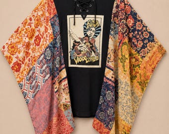 Handmade Jimi Hendrix Kimono Tunic | Upcycled Boho Clothing | Hippie Festival Top | Lace-Up Tunic | Jimi Hendrix Shirt | One Size S-L |