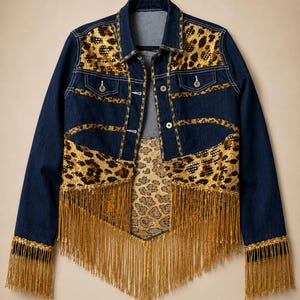 May include: A dark blue denim jacket featuring gold sequined leopard print panels on the chest and lower body. The jacket includes a pointed collar, button-down front, two chest pockets, and long sleeves with gold fringe trim at the cuffs and hem.