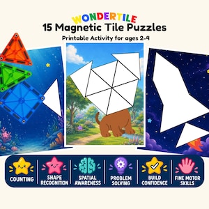 Op de afbeelding: WONDERTILE 15 Magnetic Tile Puzzles Printable Activity for ages 2-4. Drie activiteitenkaarten tonen geometrische vormen en contouren voor het bouwen van figuren zoals een vis, een hond en een raket. Een onderste banner somt vaardigheden op: Counting, Shape Recognition, Spatial Awareness, Problem Solving, Build Confidence en Fine Motor Skills.