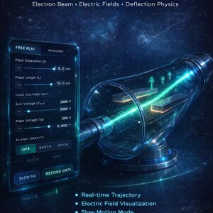 Puede incluir: Ilustración digital de una interfaz "Virtual CRT Lab", que muestra la física del haz de electrones. La interfaz muestra una separación de placa de 5,0 cm y una longitud de placa de 10,0 cm. Incluye trayectoria en tiempo real y visualización del campo eléctrico.