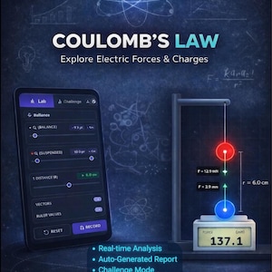Puede incluir: Gráfico digital que ilustra la Ley de Coulomb, con un smartphone que muestra una simulación interactiva de física. La imagen incluye esferas rojas y azules, con una distancia de 6,0 cm. El texto dice "Explore Electric Forces & Charges."