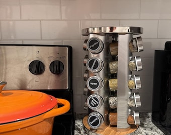 20 Jar Rotating Spice Rack, Carousel Organizer with Labels, Countertop Storage Tower