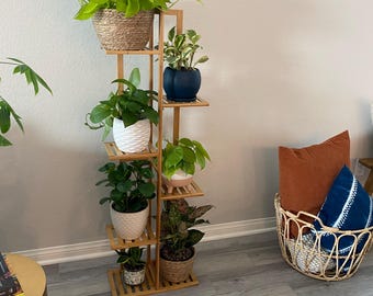 Bamboo 6 Tier Plant Stand, Tall Corner Flower Pot Rack, Indoor Outdoor Display Shelf