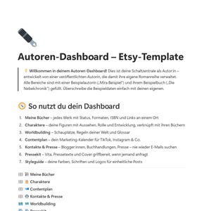 Op de afbeelding: Een digitaal sjabloon getiteld Autoren-Dashboard – Etsy-Template met een vulpen-icoon. De tekst bevat instructies voor het beheren van een boekenreeks, inclusief secties voor boeken, personages, worldbuilding, contentplanning en perskits.