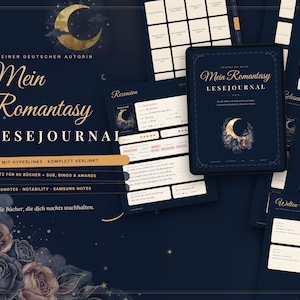 Könnte beinhalten: Ein digitales Lesejournal mit dem Titel Mein Romantasy Lesejournal auf dunkelblauem Hintergrund mit goldenen Mondsichel- und Blumenillustrationen. Das Layout enthält Seiten für Buchrezensionen, Leselisten und Notizen für Tablets.