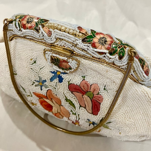 Vintage Beaded French Purse Enamel Pearls Beads Paris France Joyce Morgan Handbag