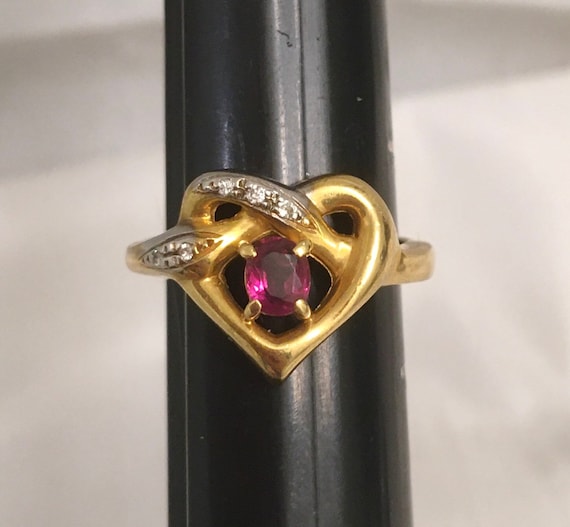 18k Ruby Diamond Heart Ring Solid Yellow Gold - image 2