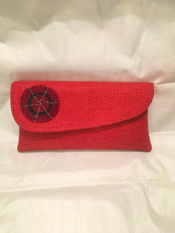 Vintage Red Woven Beaded Clutch Purse