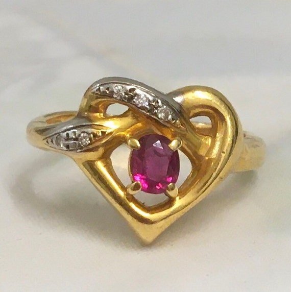 18k Ruby Diamond Heart Ring Solid Yellow Gold - image 1