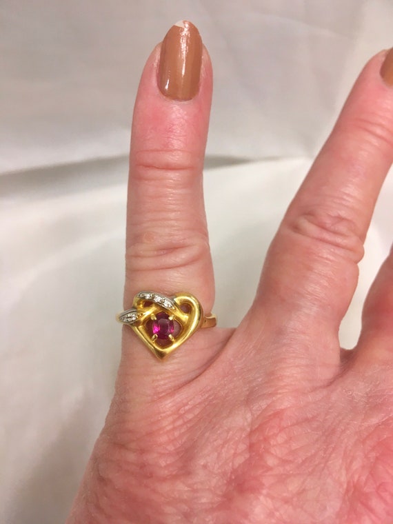 18k Ruby Diamond Heart Ring Solid Yellow Gold - image 8