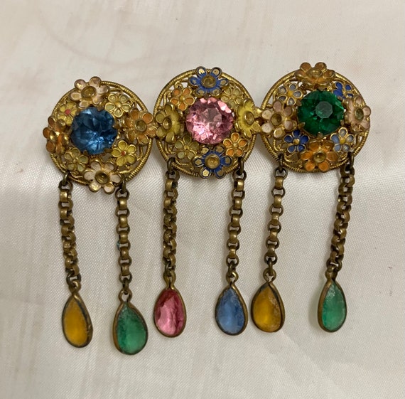 Antique Czechoslovakia Jeweled Enamel Gold Brooch… - image 2