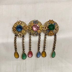 Antique Czechoslovakia Jeweled Enamel Gold Brooch 1920s