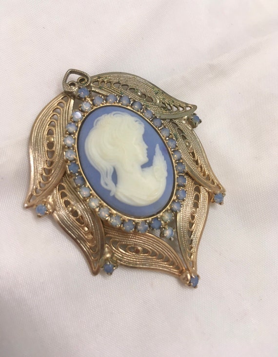 Vintage Cameo Jeweled Brooch Pendant Silver