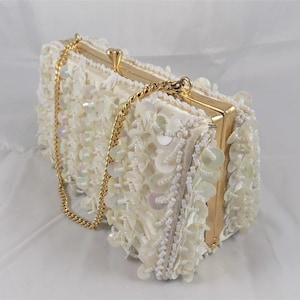 Vintage Pearl Beaded & Sequin Box Purse Evening Bag Gold Trim