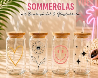 Sommerglas mit Bambusdeckel & Glasstrohhalm | Trinkglas mit Smiley Herz Blume | Iced Coffee Glas personalisiert | Geschenk Idee