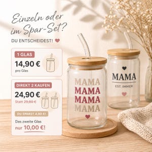 May include: Two clear glass tumblers with bamboo lids and glass straws. One glass features the word MAMA repeated in beige and maroon with a small heart. The other glass displays MAMA EST. IMMER with a black heart above and a pink heart below the text.