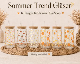 Glas mit Bambusdeckel & Strohhalm personalisierbar | Sommer Glas Set Blumen Herz Punkte | Trinkglas mit Deckel Geschenk Idee | 300ml