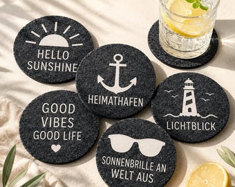 Filz Glasuntersetzer Sommer | Untersetzer Set modern | Camping Geschenk | Filz Untersetzer rund | Tischschutz Küche | Mama Geschenk