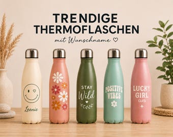 Personalisierte Thermoflasche mit Name | Edelstahl Trinkflasche | Smiley, Retro Blumen, Lucky Girl Club | Geschenk für Frauen & Teenager