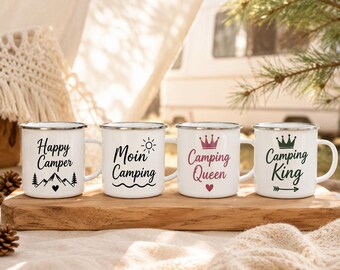 Personalisierte Camping Tasse mit Name | Camping Queen & King | Moin Camping | Happy Camper | Emaille Becher | Geschenk Camper