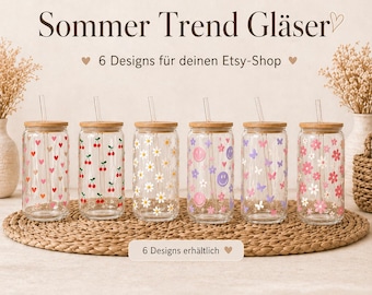 Personalisierbares Glas mit Bambusdeckel & Strohhalm | Sommer Trinkglas mit Namen | Geschenk für Mama Freundin | Daisy Kirschen Herzen Glas