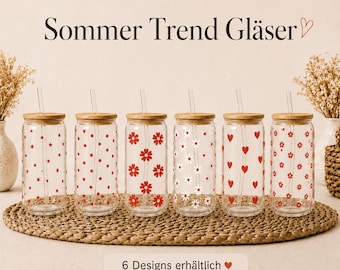 Glas mit Bambusdeckel & Strohhalm personalisierbar | Sommer Glas Set Blumen Herz Punkte | Trinkglas mit Deckel Geschenk Idee | 300ml
