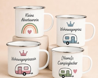 Emaille Becher Kinder Camping | personalisierter Campingbecher mit Name | Wohnwagen Becher Kind | Geschenk für kleine Abenteurer