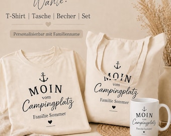 Camping Geschenk personalisiert Familie | Moin vom Campingplatz T-Shirt Jutebeutel Becher Set | Camping Familie Geschenk mit Familienname