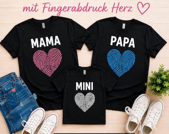 Familien Shirt Set mit Fingerabdruck Herz | Mama Papa Mini Shirt | Partnerlook Familie | Familien Outfit personalisiert |Geschenk für Eltern