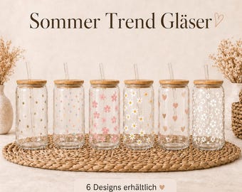 Glas mit Bambusdeckel & Strohhalm personalisierbar | Sommer Glas Set Blumen Herz Punkte | Trinkglas mit Deckel Geschenk Idee | 300ml