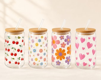 Trinkglas mit Bambusdeckel & Glasstrohhalm, Kinder Glas Mädchen, Kirschglas Blumen Herz Glas, Geschenk Mädchen 10 Jahre, Motiv wählbar