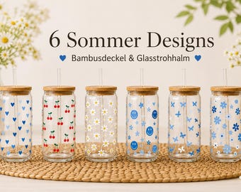 Personalized glass with bamboo lid and straw | Summer glass set with flowers, hearts, and polka dots | Drinking glass with lid, gift idea | 300ml