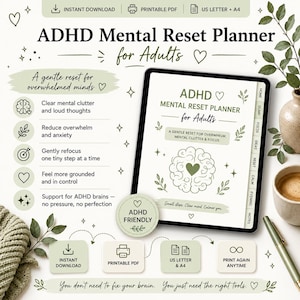 Puede incluir: Planificador digital de reinicio mental para adultos con TDAH, con título y gráfico de cerebro en una tableta. Incluye iconos para descarga instantánea, PDF imprimible y formatos A4. Texto: "Un suave reinicio para mentes abrumadas."