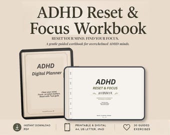 ADHD Reset & Focus Workbook | Overwhelm Relief ,Mental Clarity, Focus Planner | Digital Download