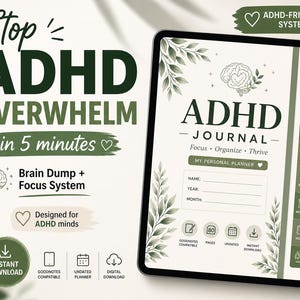 Puede incluir: Diario digital para TDAH en una tableta. El diario presenta un diseño verde y blanco con el texto "ADHD Journal" y indicaciones para la planificación y el enfoque. La imagen también incluye el texto "Stop ADHD Overwhelm in 5 minutes" y "Descarga instantánea."