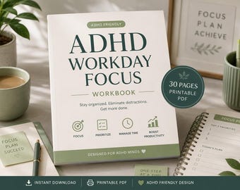 ADHD Workday Focus Workbook for Adults  Productivity Planner & Focus System  Daily Task Management Time Blocking  Brain Dump | Printable