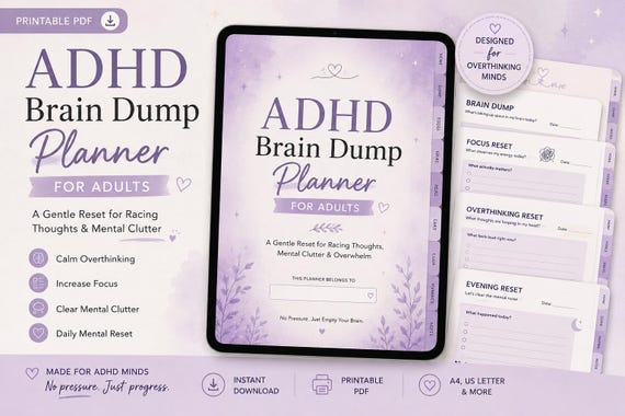 ADHD Brain Dump Planner for Adults | Overthinking Journal, Mental Reset, Calm Racing Thoughts | Printable ADHD PDF