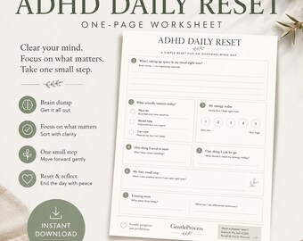 ADHD Daily Reset Worksheet | ADHD Brain Dump | Daily Planner Printable | Overwhelm Reset | ADHD Self Care pdf