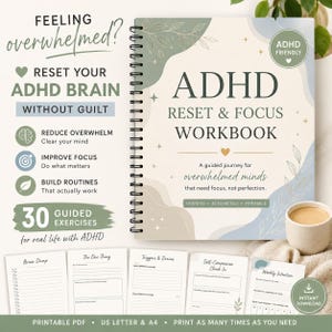 以下が含まれることがあります： スパイラル綴じのADHDリセット＆フォーカスワークブック。表紙はクリーム色で、緑と金のアクセント。テキストには「ADHD」、「Reset & Focus Workbook」、「30 Guided Exercises」が含まれています。印刷可能なPDFが含まれています。